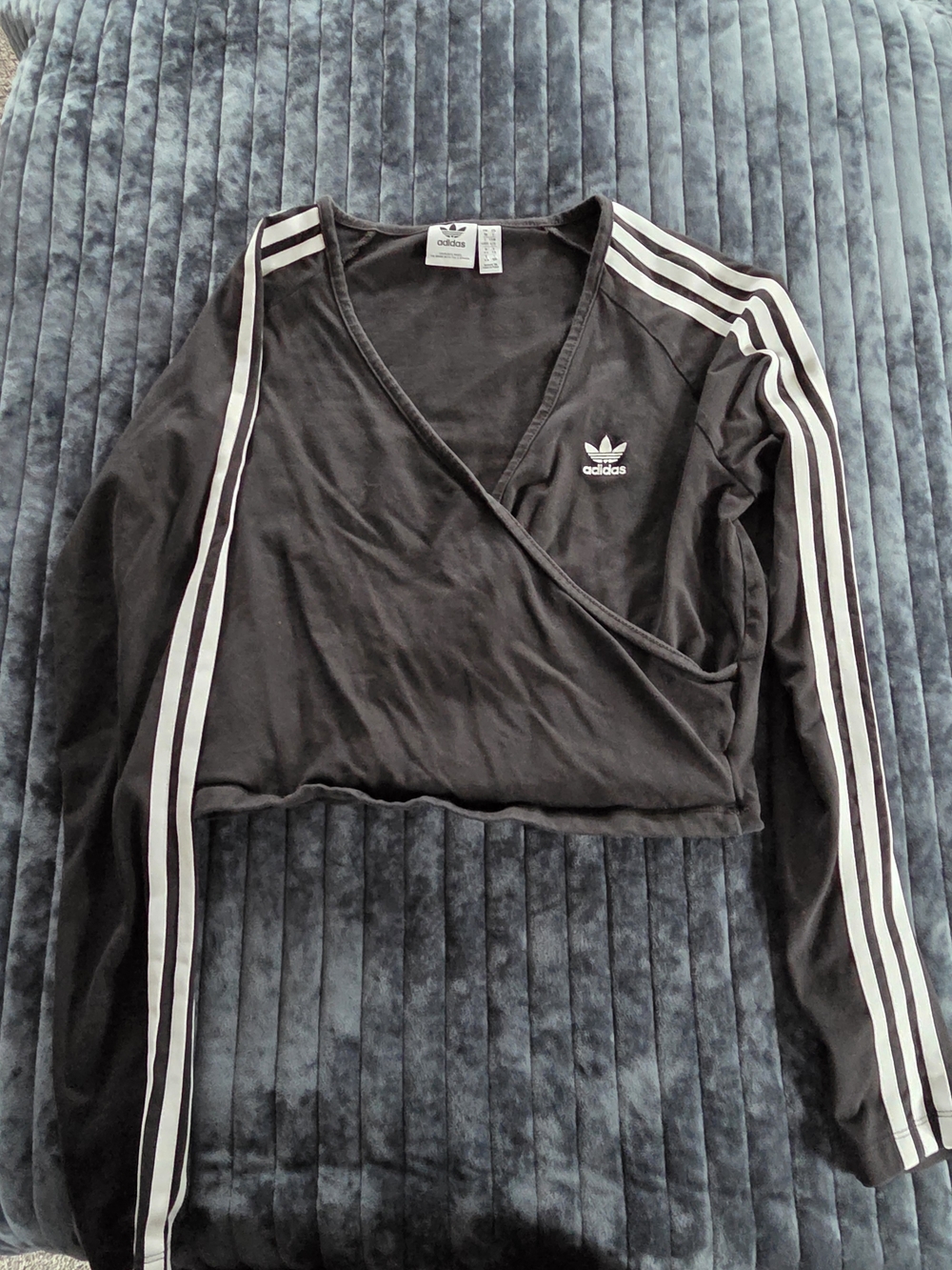 $10 adidas Black Crop Wrap Top with White Stripes